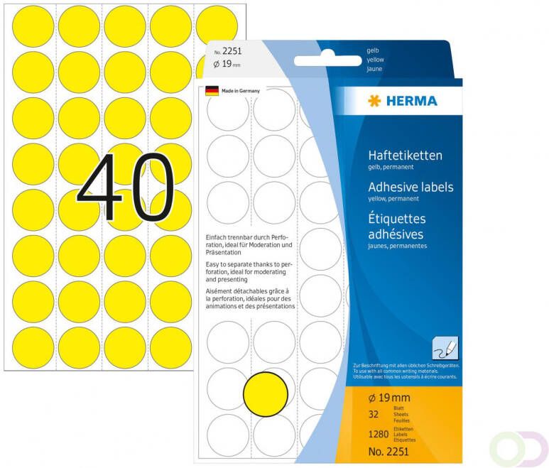 Herma Multipurpose etiketten Ã 19 mm rond geel geperforeerd permanent hechtend om